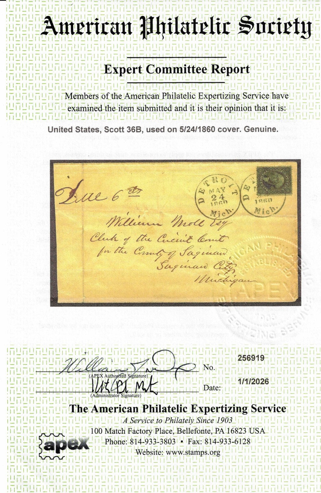 US Scott 36B, used Postage Due 6 cts  5/24/1860 cover, APS Certification. $1,2000