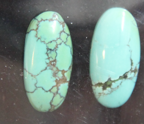(2) smaller size Turquoise Cabochons Really nice looking 16mm X 7.5mm X 2mm NICE0