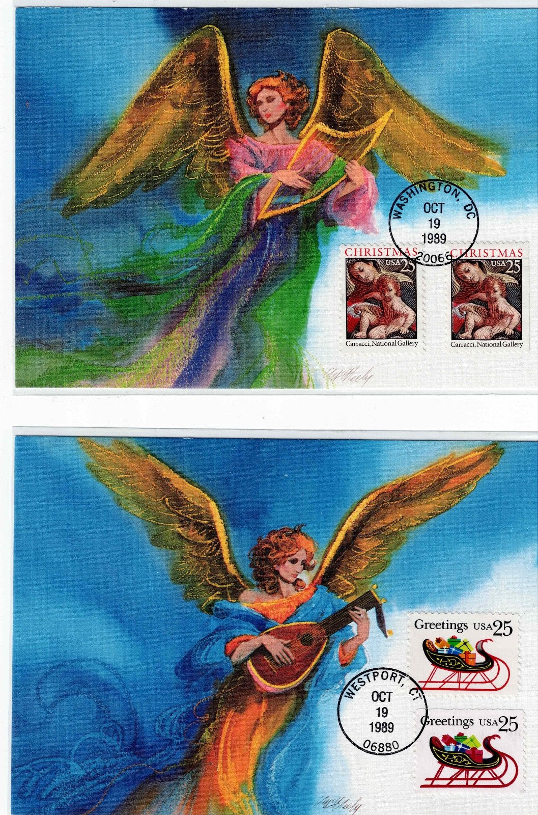 US Post Card 5.75" x 4" 1989 Print of Christmas Angles Painted by Tom McNeely.0
