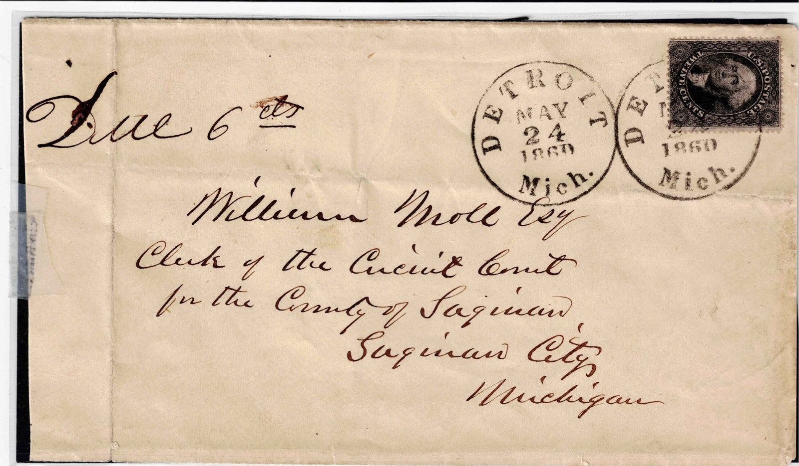 US Scott 36B, used Postage Due 6 cts  5/24/1860 cover, APS Certification. $1,2001