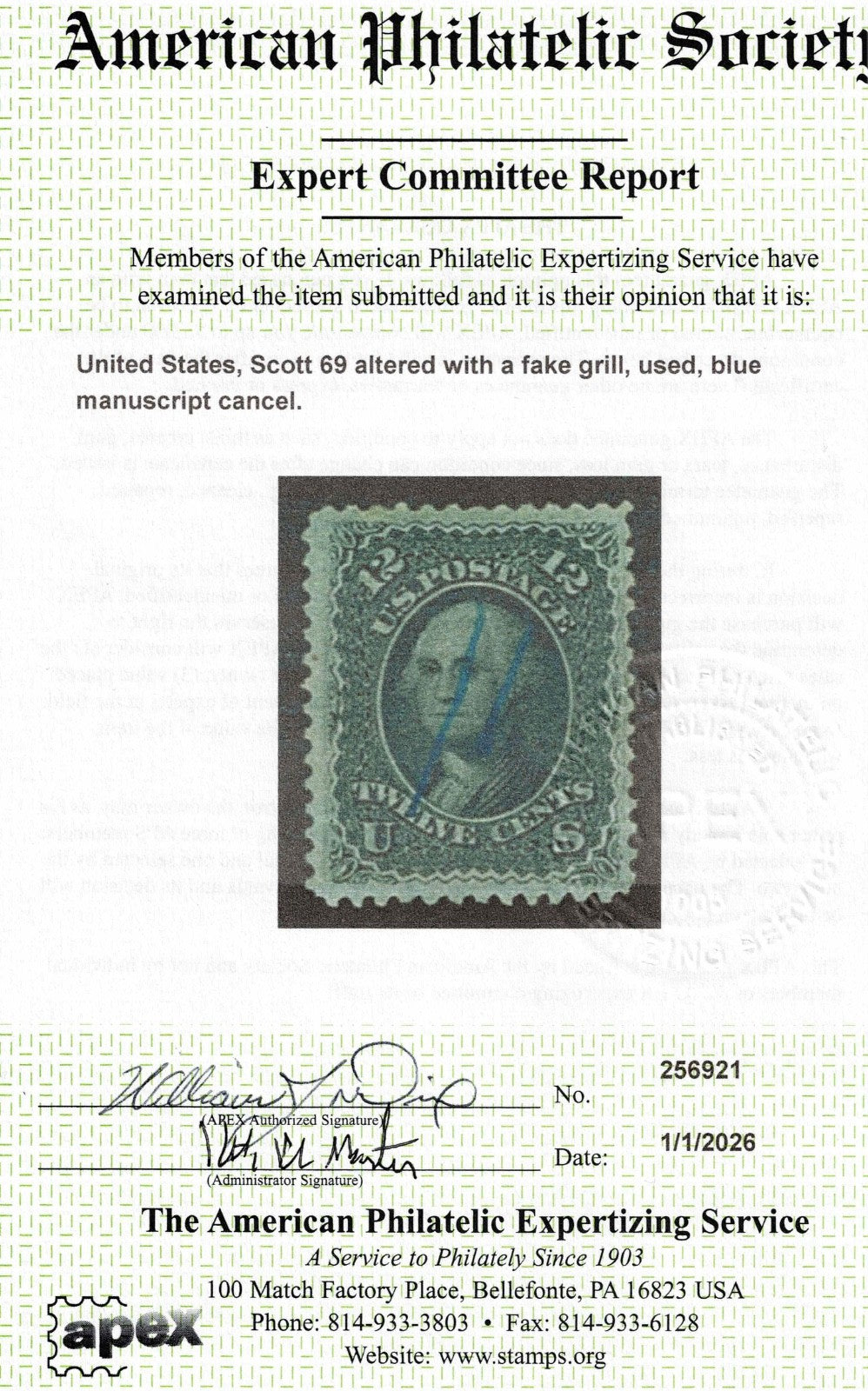 US Scott 69 Used Blue Maniuscript Cancel....I submitted to APS as 85E, but......1
